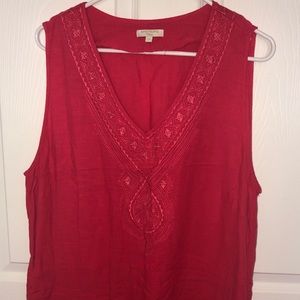 Bright Coral V-Neck Tank Top with Embroidered Neck